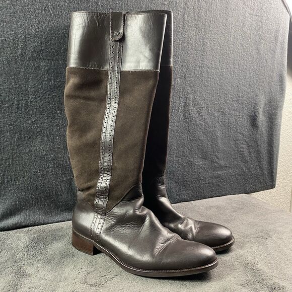 Brown Boots Womens 39 Leather Suede Zip Block Heel Tall Knee High Flat Shoes US9 - Picture 1 of 11